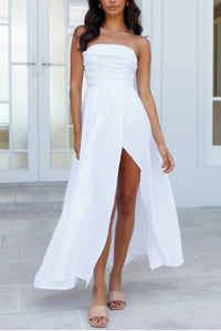White Ruched Off-Shoulder Maxi Dress