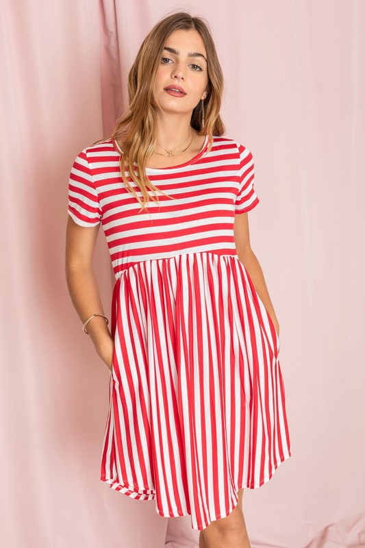 Red & white Short Sleeve Stripe Mini Dress - Lookeble
