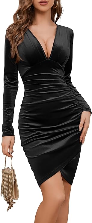 HUHOT Womens Sexy Deep V Neck Long Sleeve Hide Tummy Velvet Bodycon Ruched Mini Party Cocktail Dress