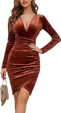 HUHOT Womens Sexy Deep V Neck Long Sleeve Hide Tummy Velvet Bodycon Ruched Mini Party Cocktail Dress