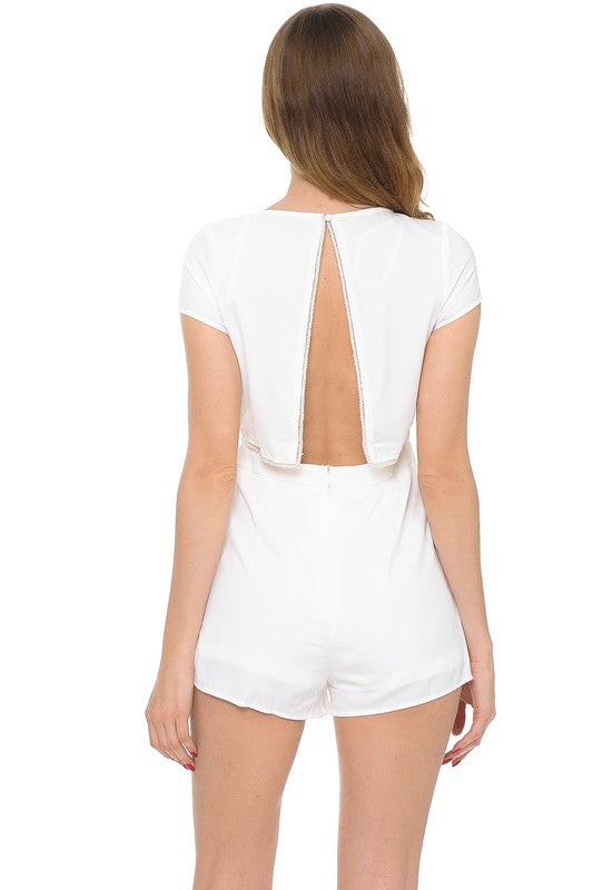 Women's Solid Backless Romper With Silver Trim