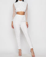 Sheer Sleeve Crop Top & Slim Pants Set - Lookeble 