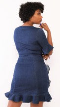 Women's Dark Wash Short Sleeved Ruffle Hem Denim Dress - Lookeble