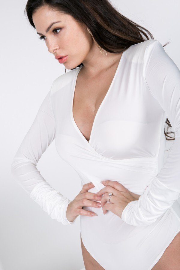 Women's Solid Long Sleeve Shirred Detail Surplice Bodysuit