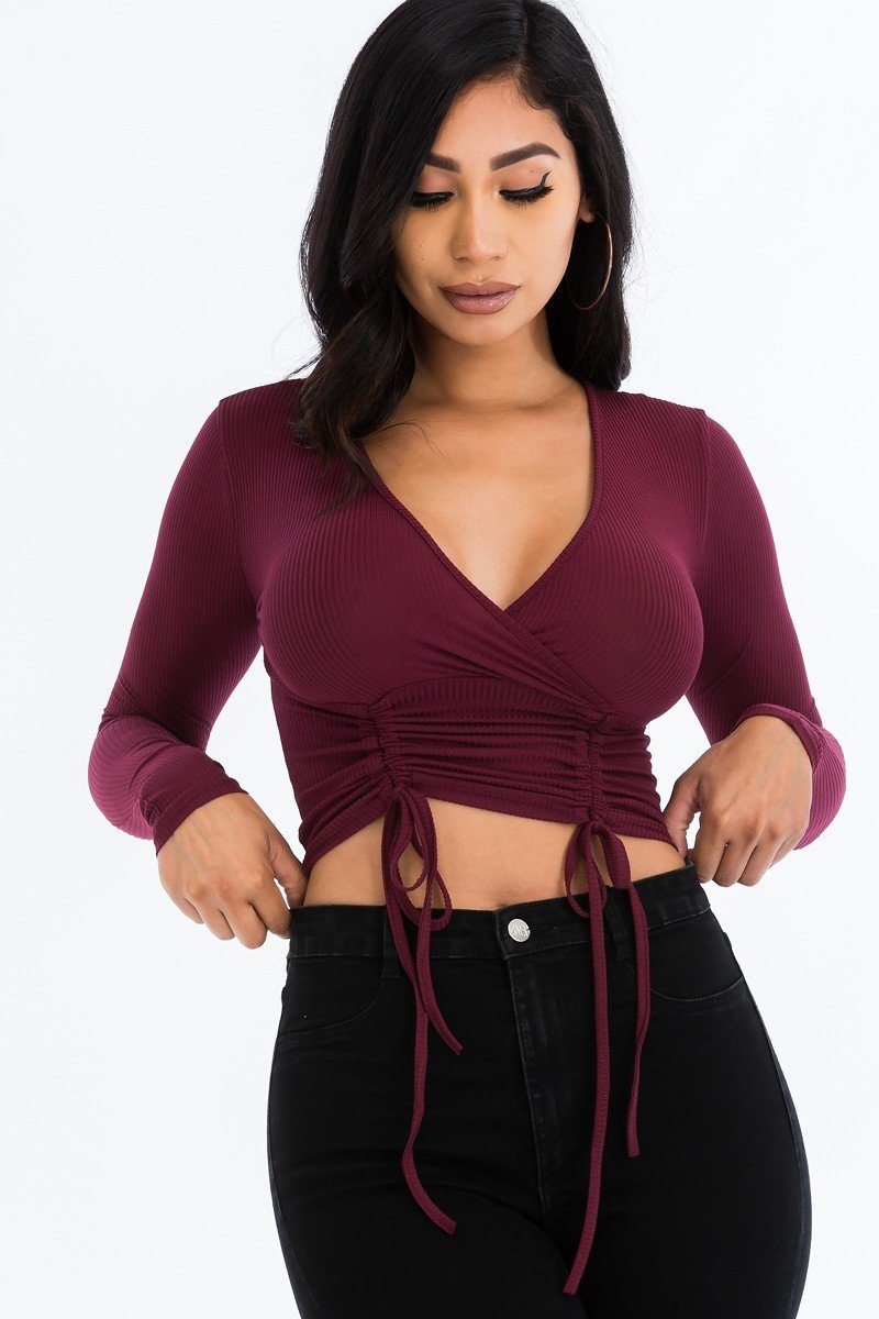 Women's Long Sleeved Double String Shirred Crop Top - Lookeble