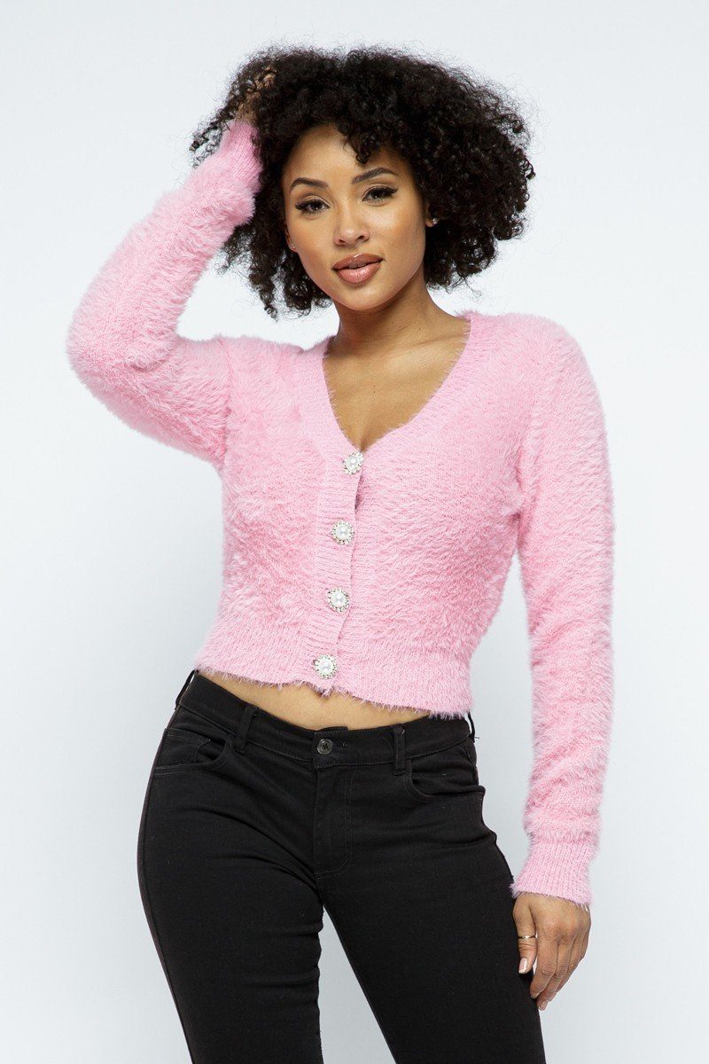 Women's Eyelash Knit Cropped Cardigan With Pearl Button Details - Lookeble