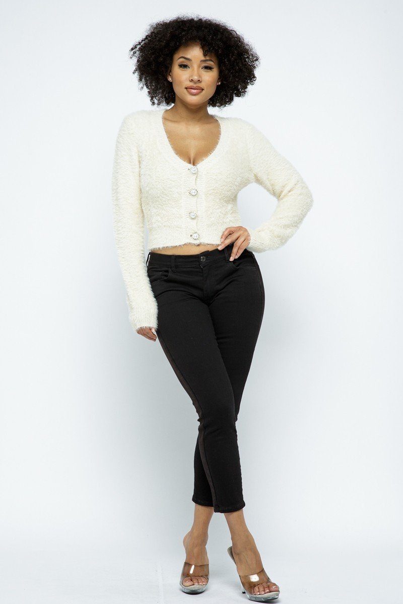 Women's Eyelash Knit Cropped Cardigan With Pearl Button Details - Lookeble