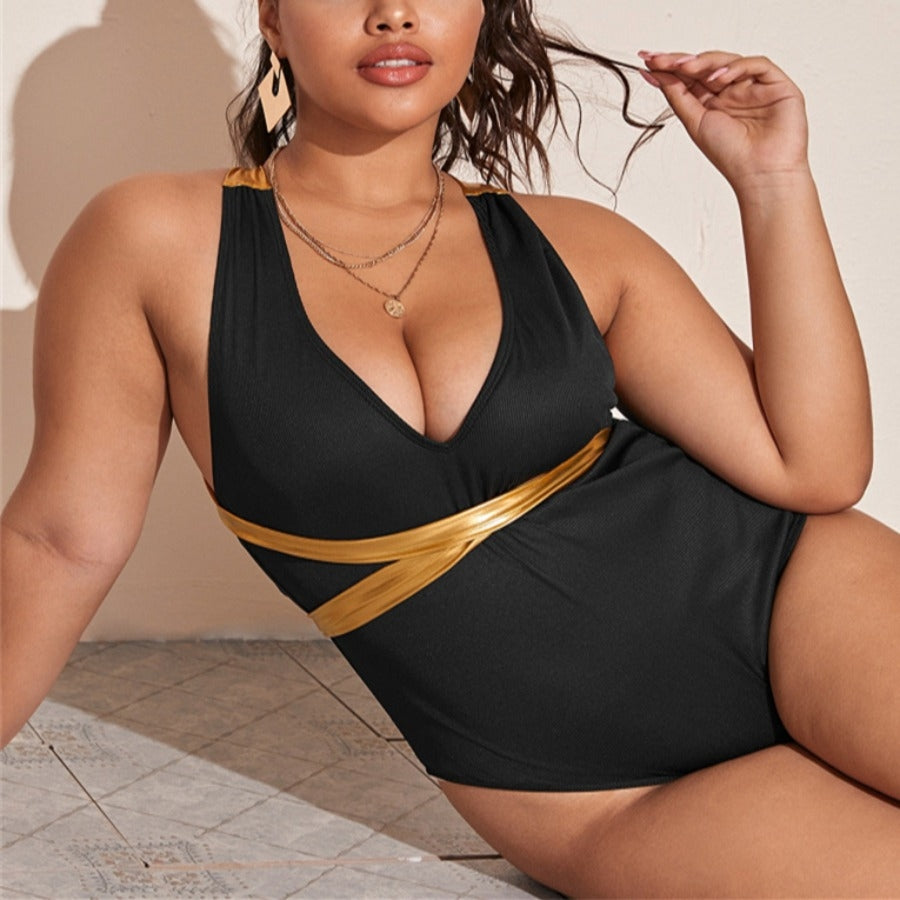 Women's Elegant Plus Size Black & Gold One-piece Swimwear – Lookeble
