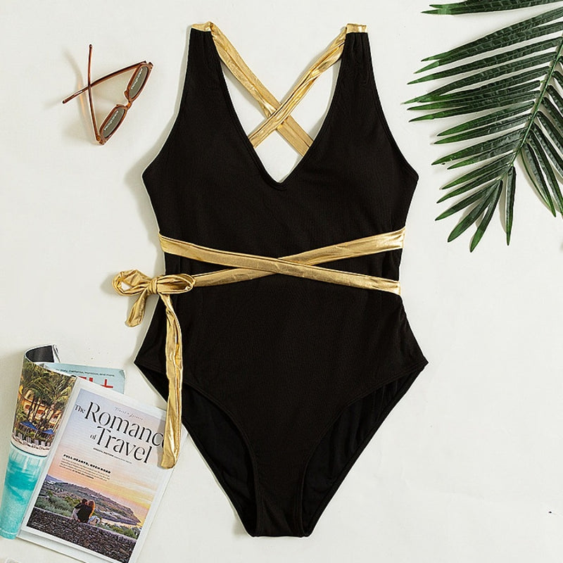 Lookeble's Elegant Black & Gold One-piece Swimwear - Lookeble