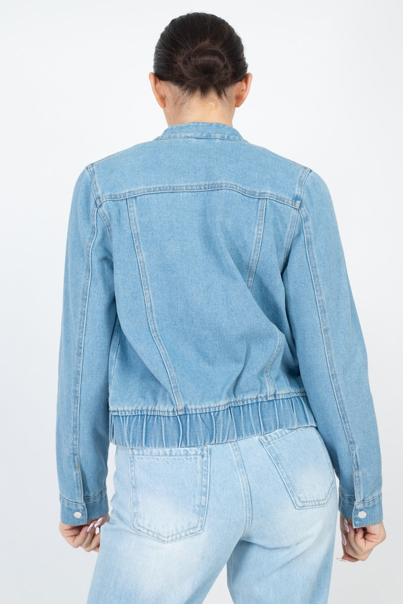 Buy online Women Light Blue Solid Denim Jacket from jackets and blazers and  coats for Women by Showoff for ₹1659 at 65% off | 2024 Limeroad.com
