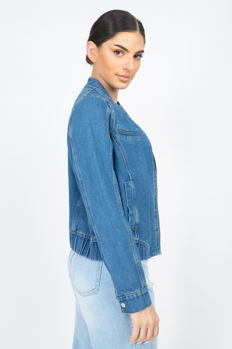 Women's Basic Collarless Denim Jacket Ladies Long Sleeve Washed Jean Biker  Top | eBay
