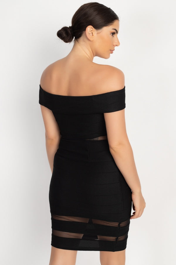 Women's Off Shoulder Shadow Stripe Mini Dress - Lookeble