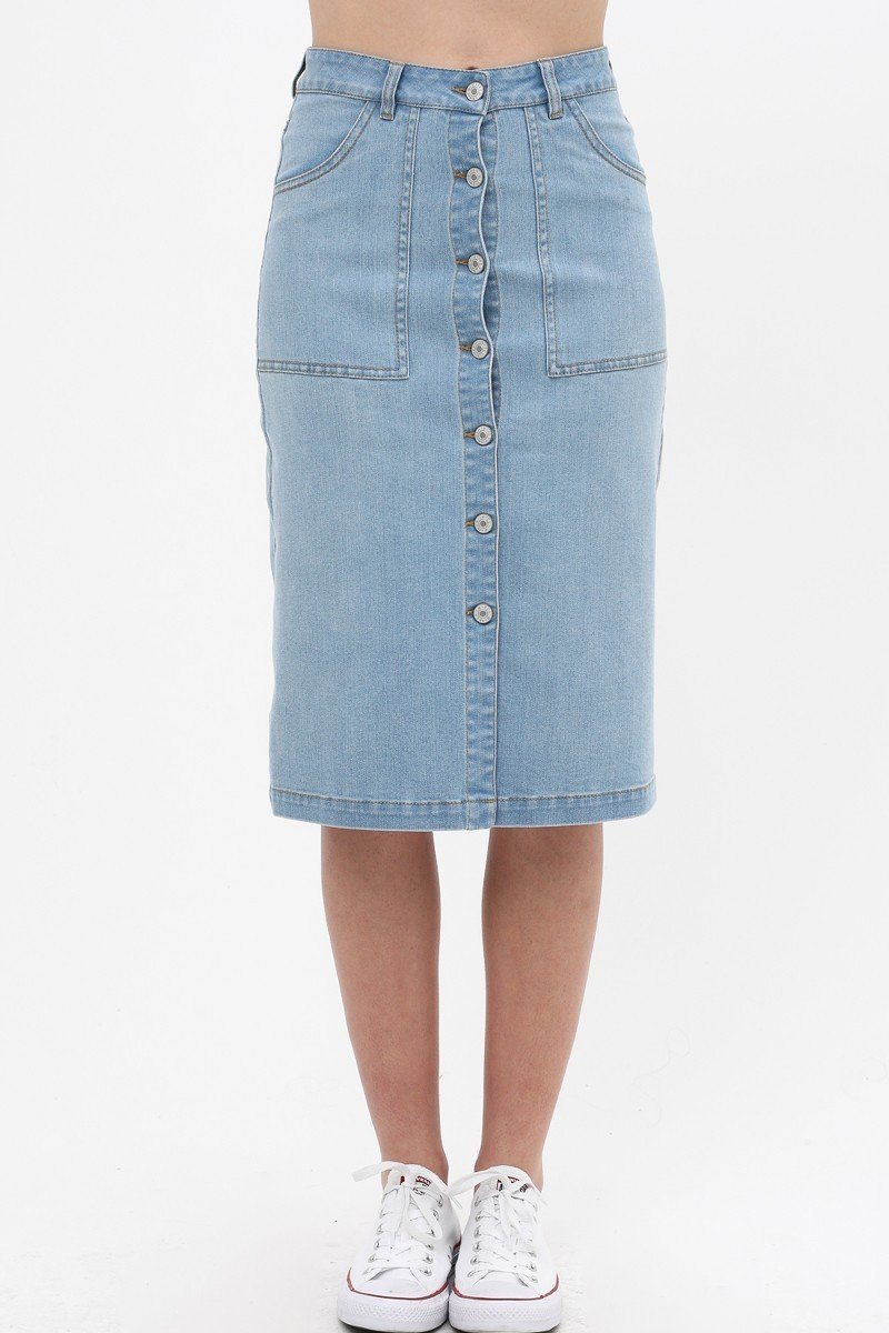 Women's Solid Center Button Down Detail Denim Midi Skirt