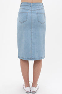 Women's Solid Center Button Down Detail Denim Midi Skirt