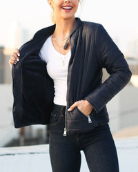 Women's Black Quilted Puffer Jacket With Faux Fur Lining - Lookeble