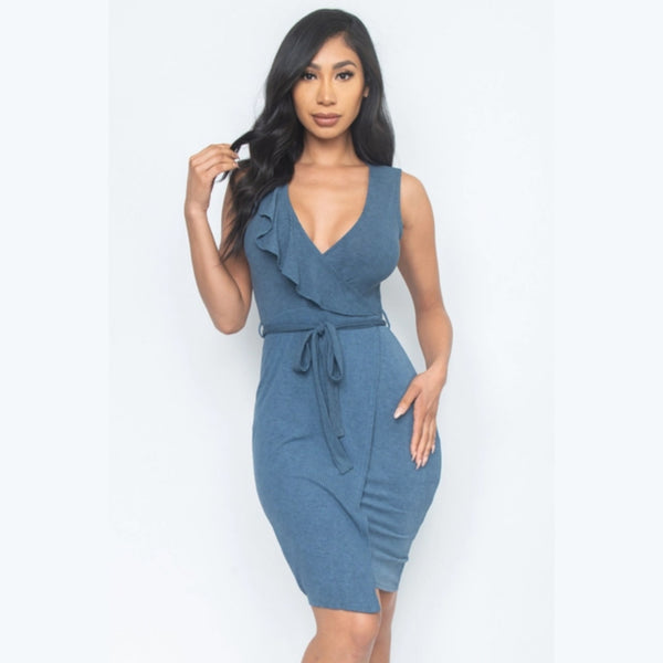 Women's Solid Blue Mock Wrap Midi Dress - Lookeble