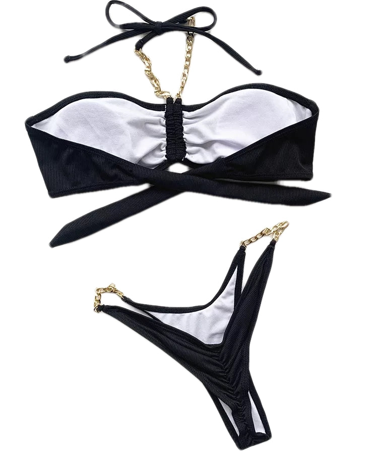 Lookeble's gold chain detail halter top bikini set - Lookeble