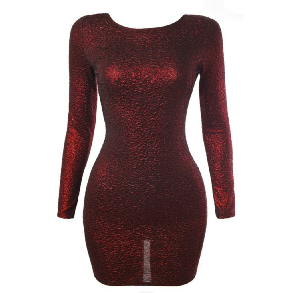 Women's Long Sleeved Red Glitter Open Back Mini Dress - Lookeble 