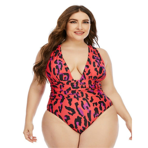 Plus Size Red Leopard Print Deep V One-Piece Swimsuit - Lookeble