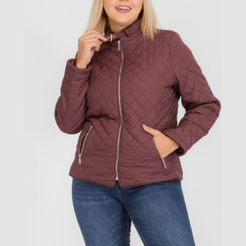 Plus Size Wine Quilted Puffer Jacket With Faux Fur Lining - Lookeble