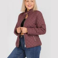 Plus Size Wine Quilted Puffer Jacket With Faux Fur Lining - Lookeble