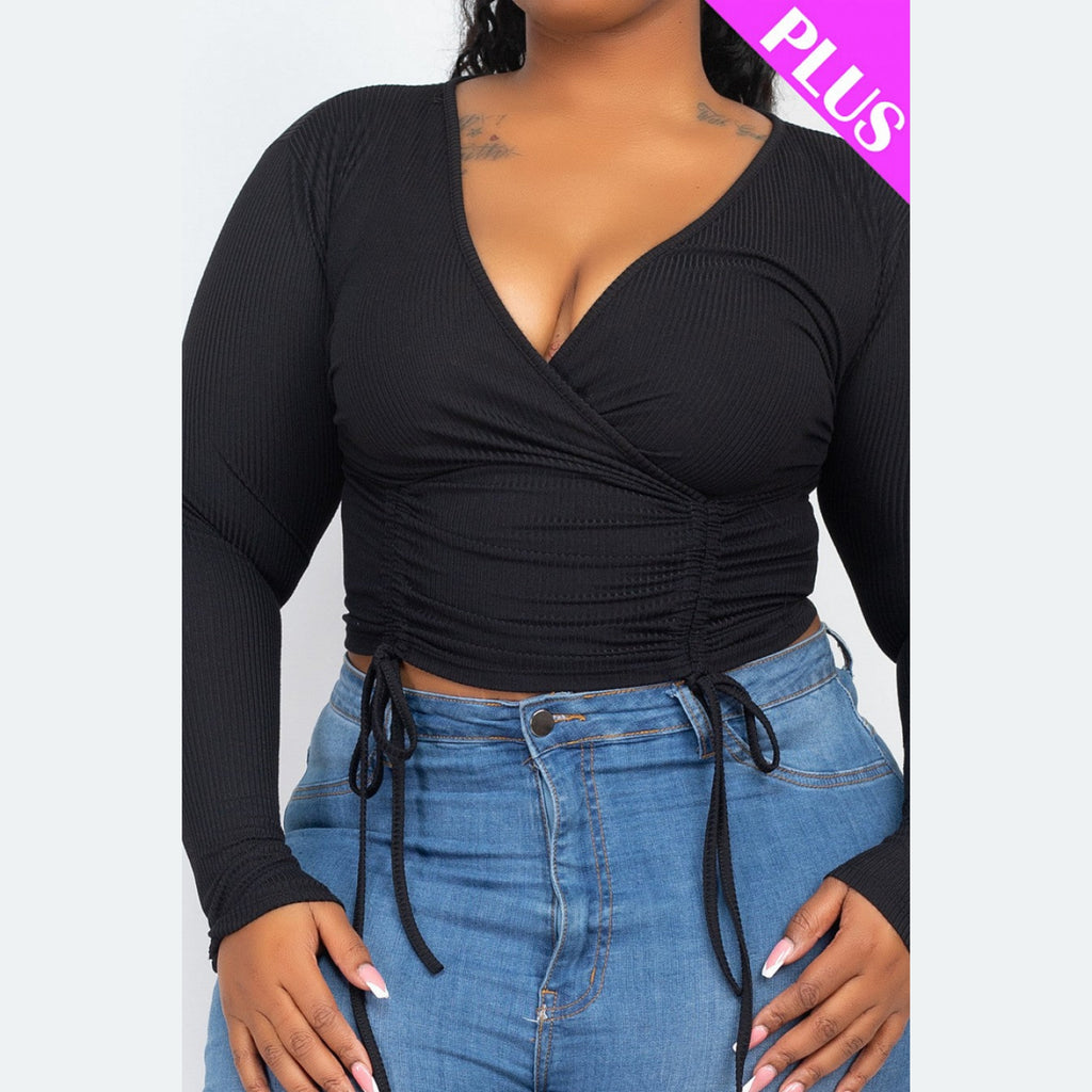 Women's Plus Size Long Sleeved Double String Shirred Crop Top - Lookeble