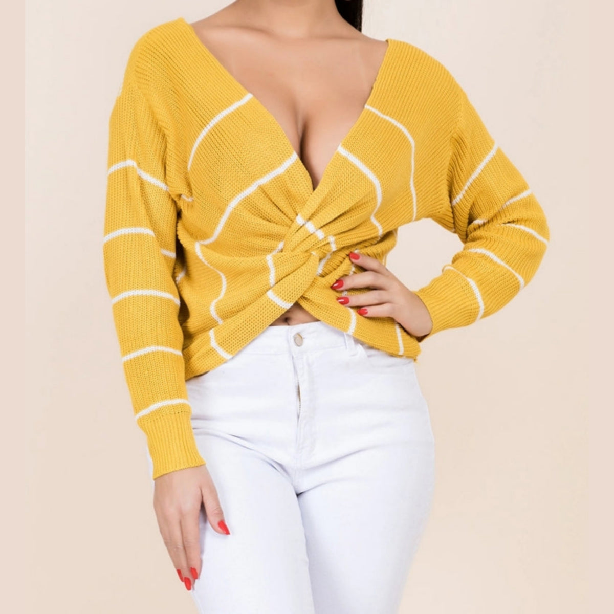 V Neck Front Knot Sweater