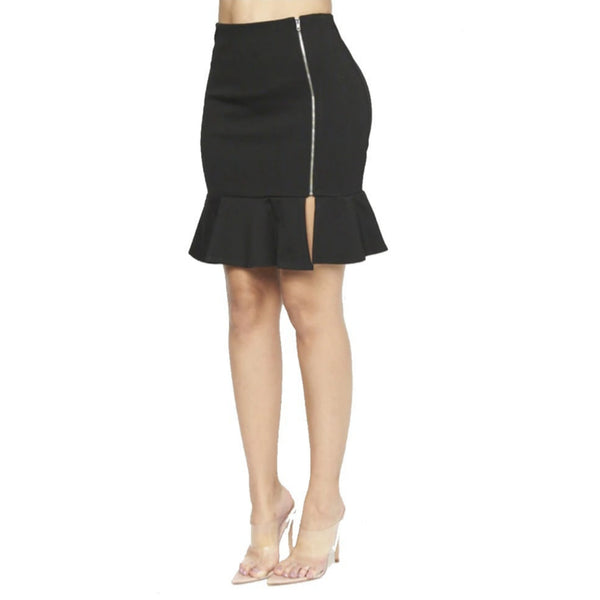 Women's Black Side Zipper Ruffle Hem Mini Skirt - Lookeble