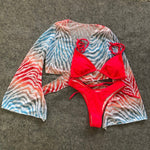 Solid Red Sexy Two Piece Halter String Bikini with Stripe Cover Up - Lookeble