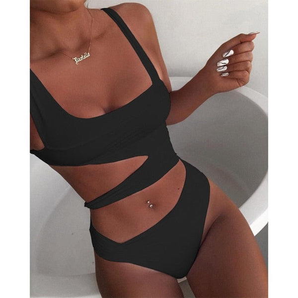 Women's Solid Sexy Cut Out One-Piece Swimwear Bathing Suit - Lookeble