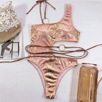Shiny Snake Skin Print One Piece Swimsuit - Lookeble