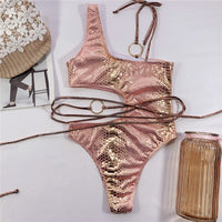Shiny Snake Skin Print One Piece Swimsuit - Lookeble