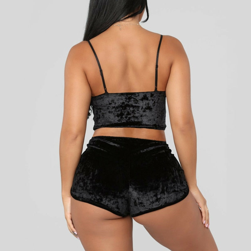 Women's Two Piece Velvet Sexy Lingerie Top And Shorts Sleepwear Set